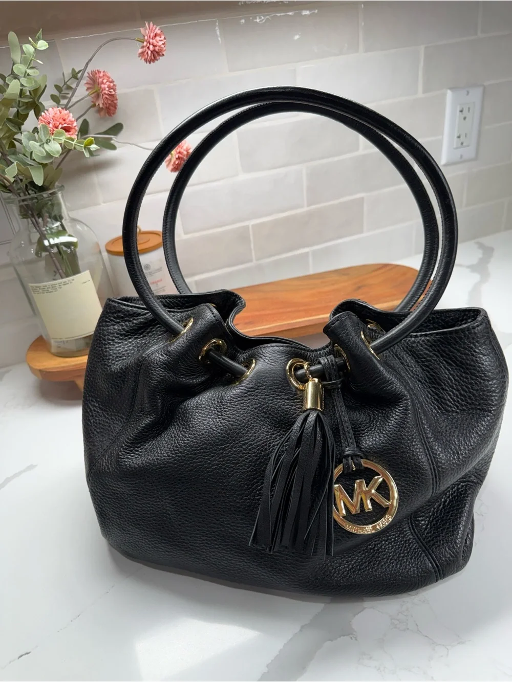 Michael Kors Black Pebbled Leather Ring Astor Tote Hobo Bag with Gold Hardware
